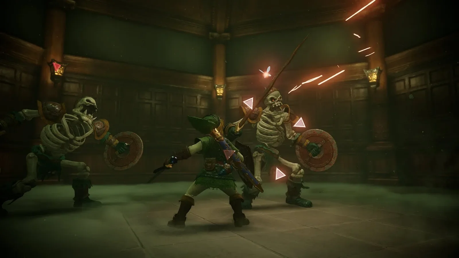 Official Ocarina of Time Switch 2 screenshot of Link fighting skeleton warriors in a dungeon