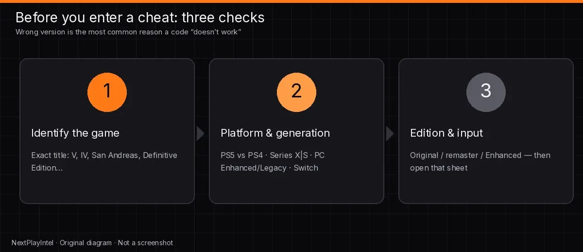 Three-step graphic: identify the game, identify the platform and edition, then choose the matching cheat input list