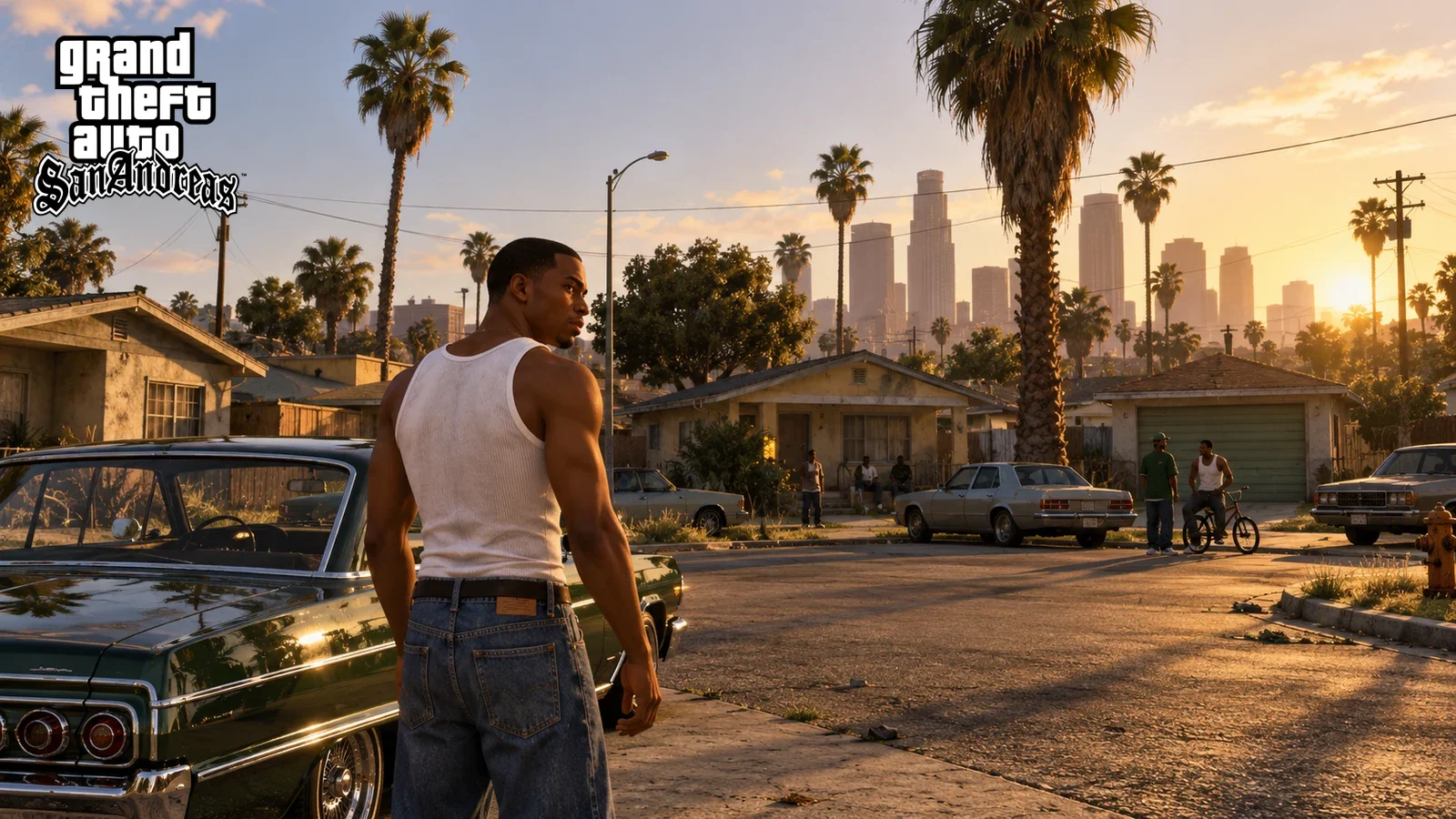 AI recreation: 1992 Los Angeles inspired cul-de-sac, Black man in white tank top viewed from behind near lowrider. Grand Theft Auto San Andreas logo.