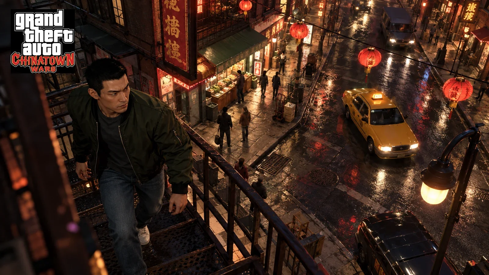 AI illustration of Huang Lee on a fire escape above a lantern-lit Chinatown street with a yellow taxi.