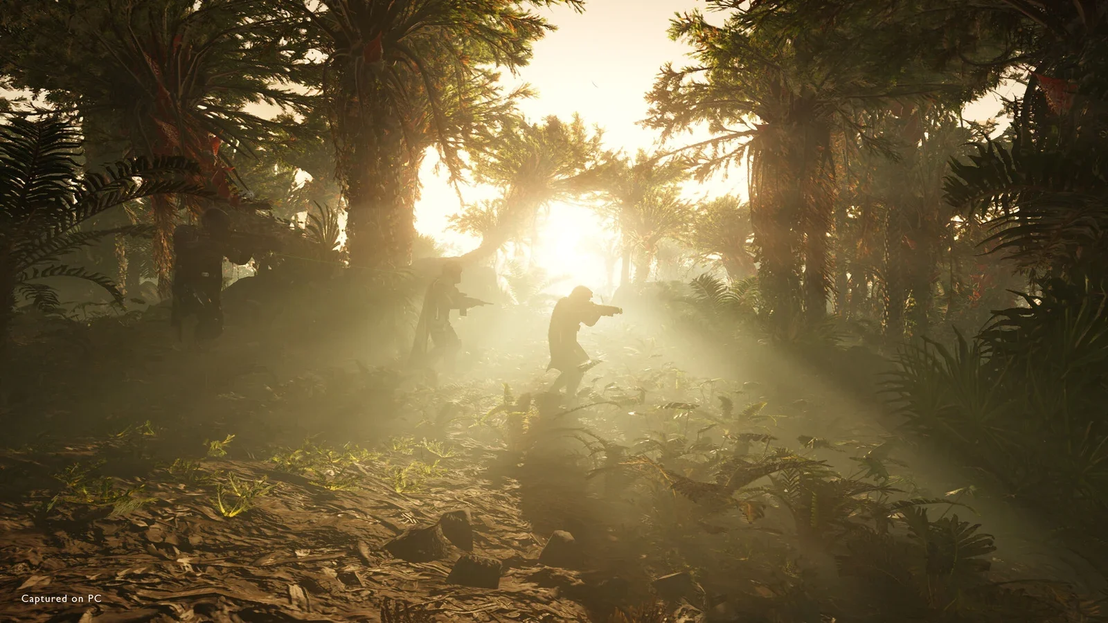 A Helldiver walks through a sunlit, misty alien jungle in Helldivers 2