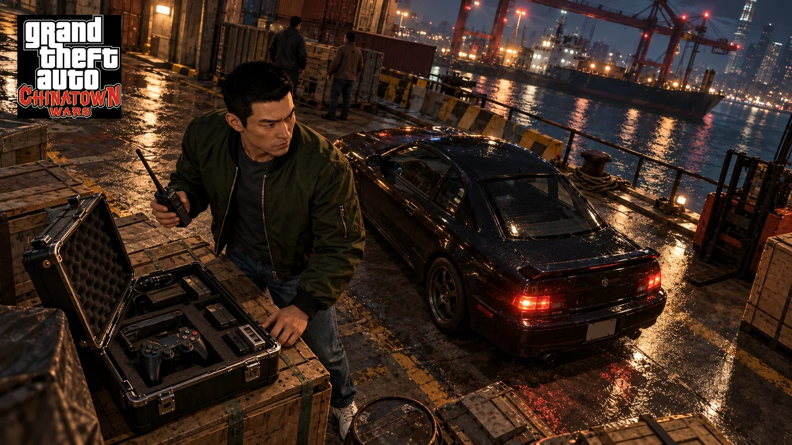 AI illustration of Huang Lee using a phone beside an equipment case and dark car at the docks.