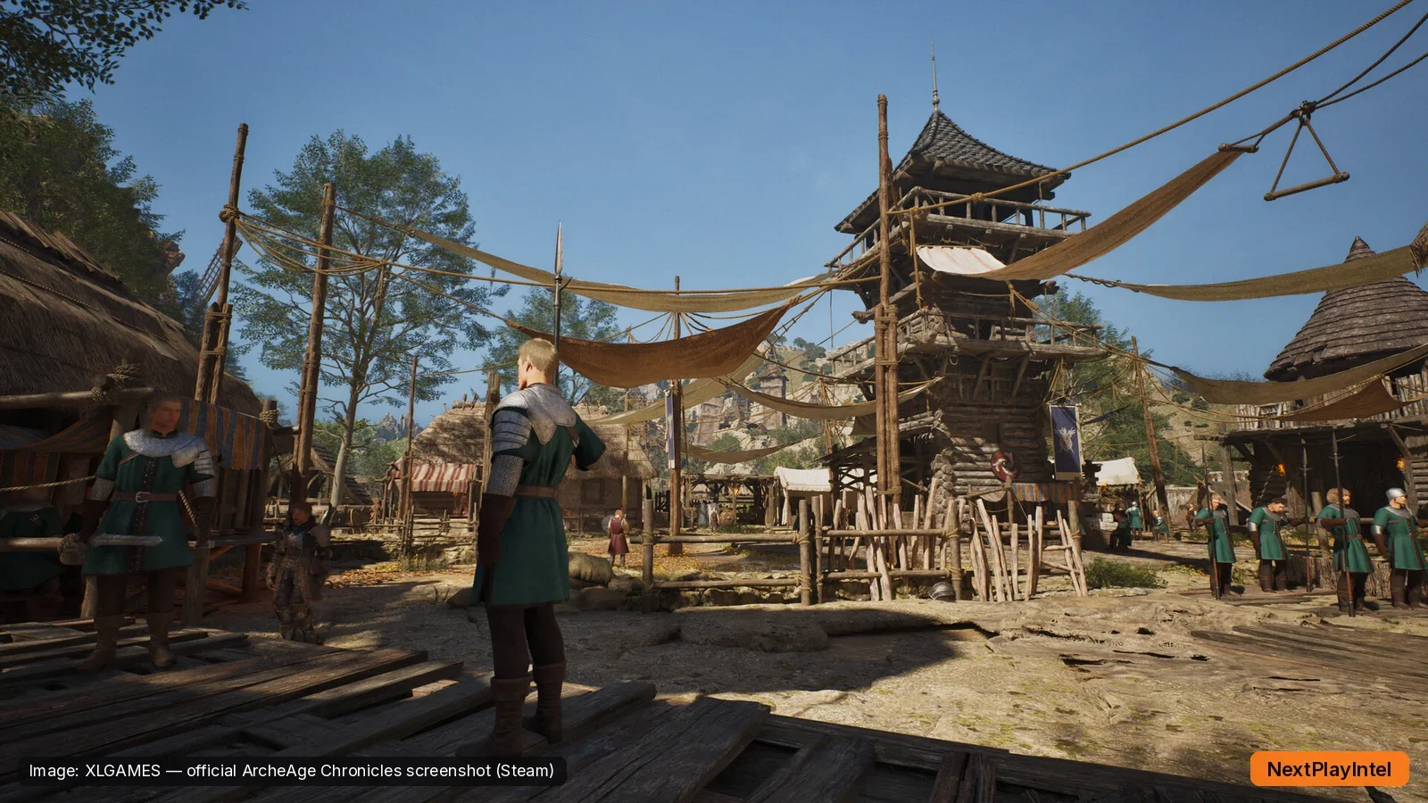 ArcheAge Chronicles screenshot of a seaside town with wooden buildings and players gathered in the streets
