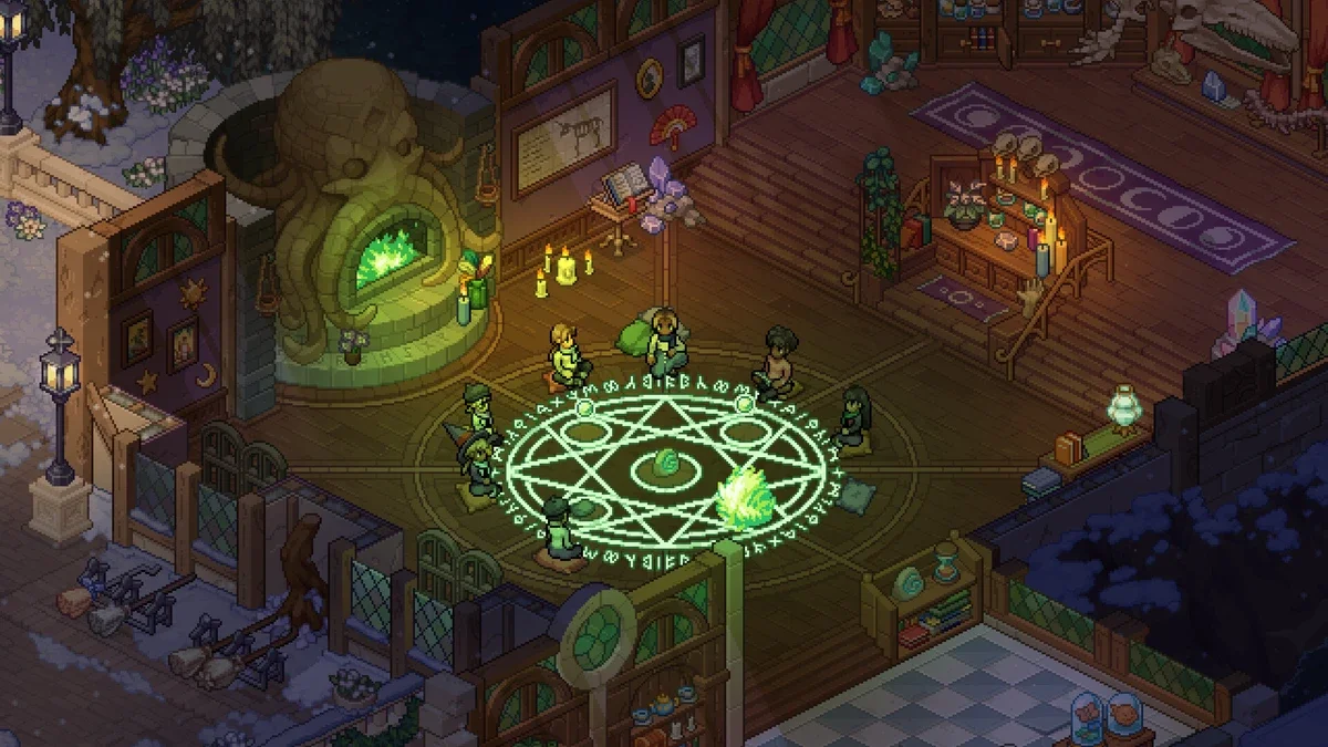 Pixel-art witches sit in a ring around a glowing green magic circle inside a candlelit study with an octopus-shaped fireplace