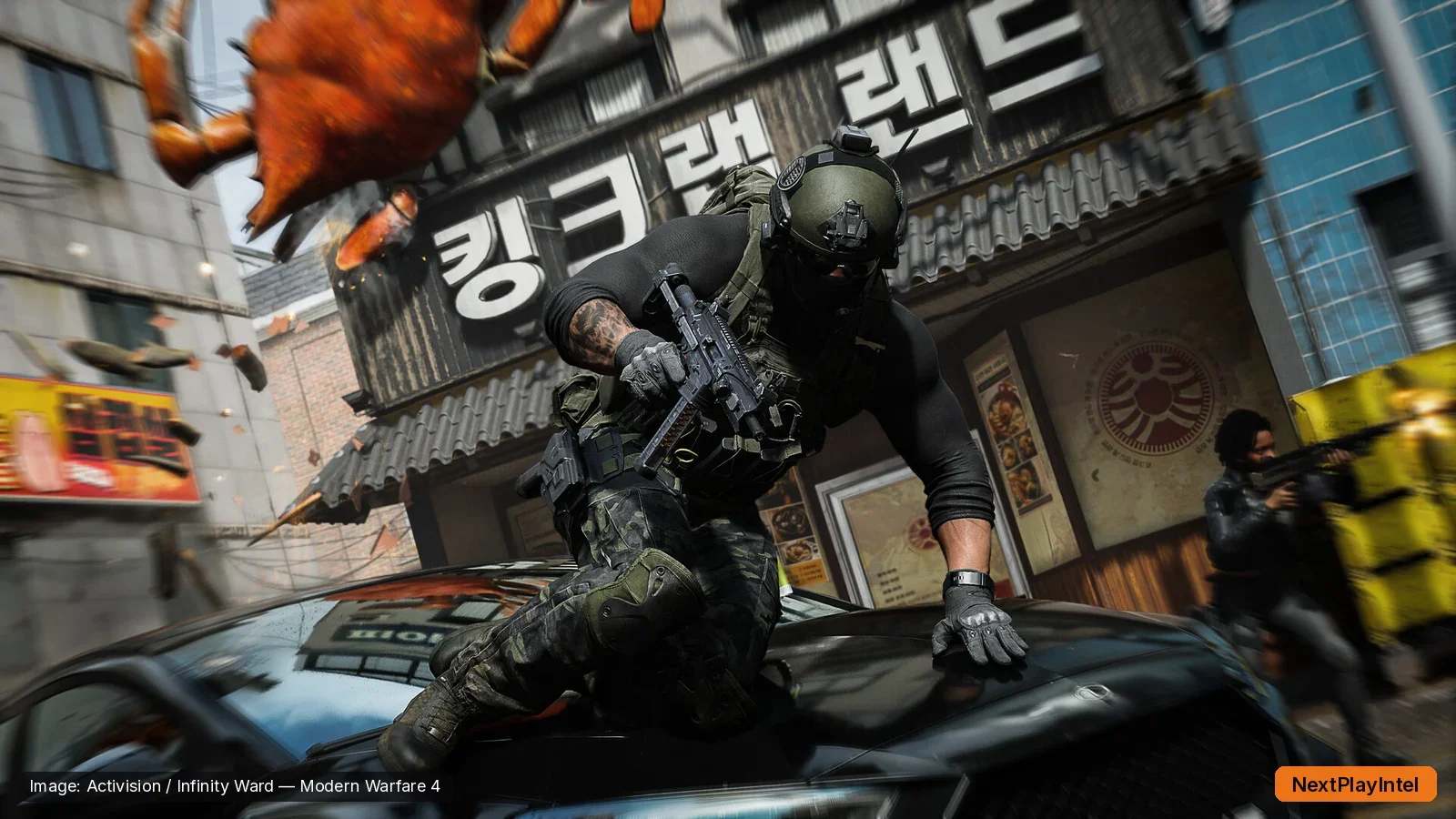Modern Warfare 4 soldier crouched in a neon-lit Korean street