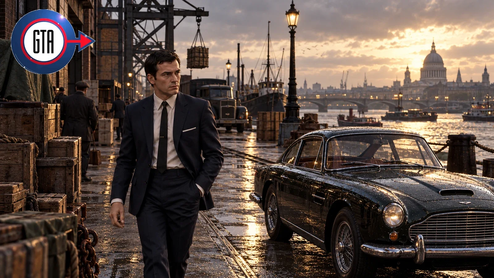 AI illustration inspired by GTA London 1969, showing a suited man beside a classic car at riverside docks.