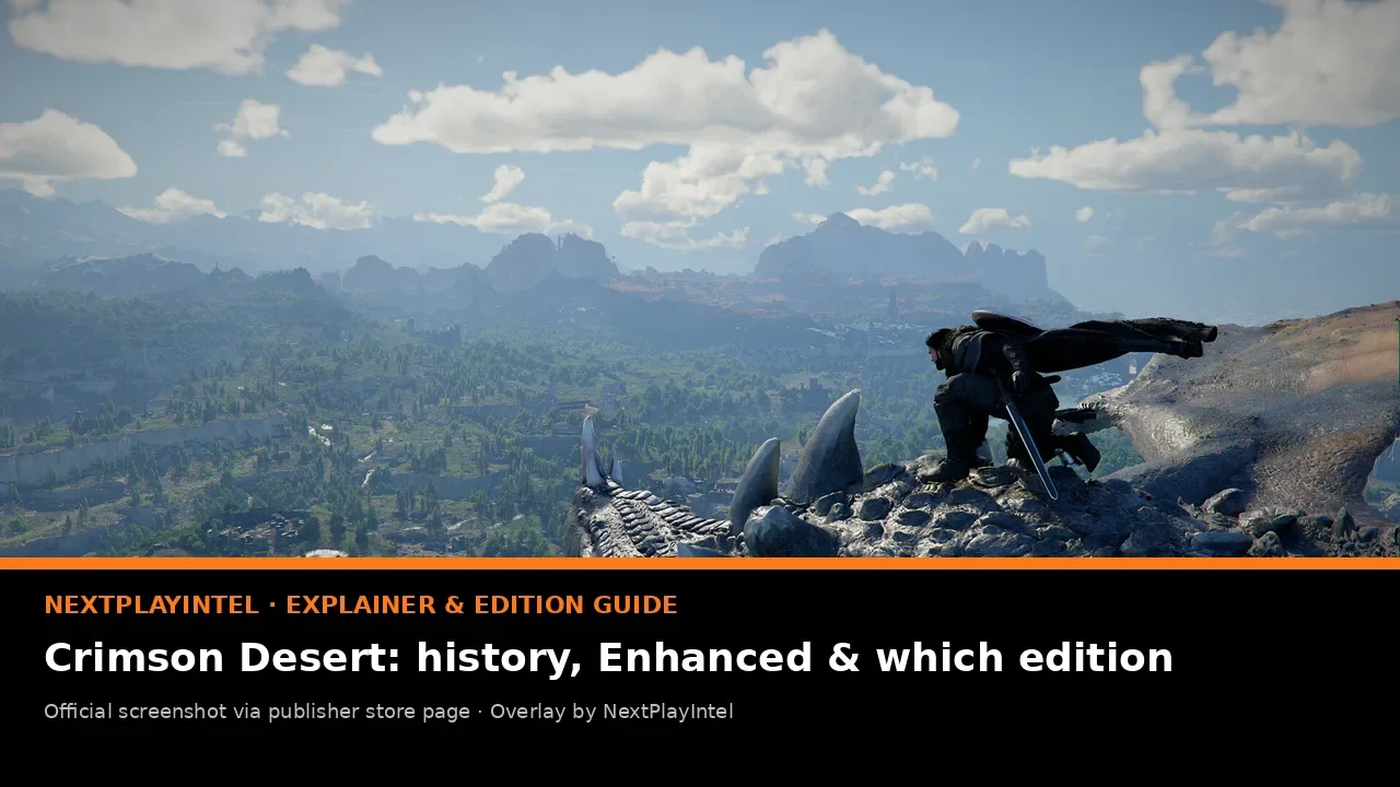Official Crimson Desert screenshot of Kliff standing on the head of a slain dragon above a valley, with NextPlayIntel explainer label