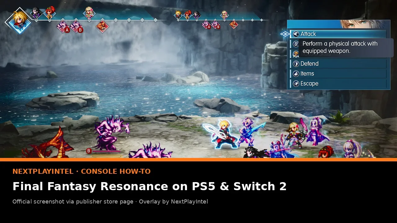 Official Final Fantasy Resonance battle screenshot with NextPlayIntel console how-to label