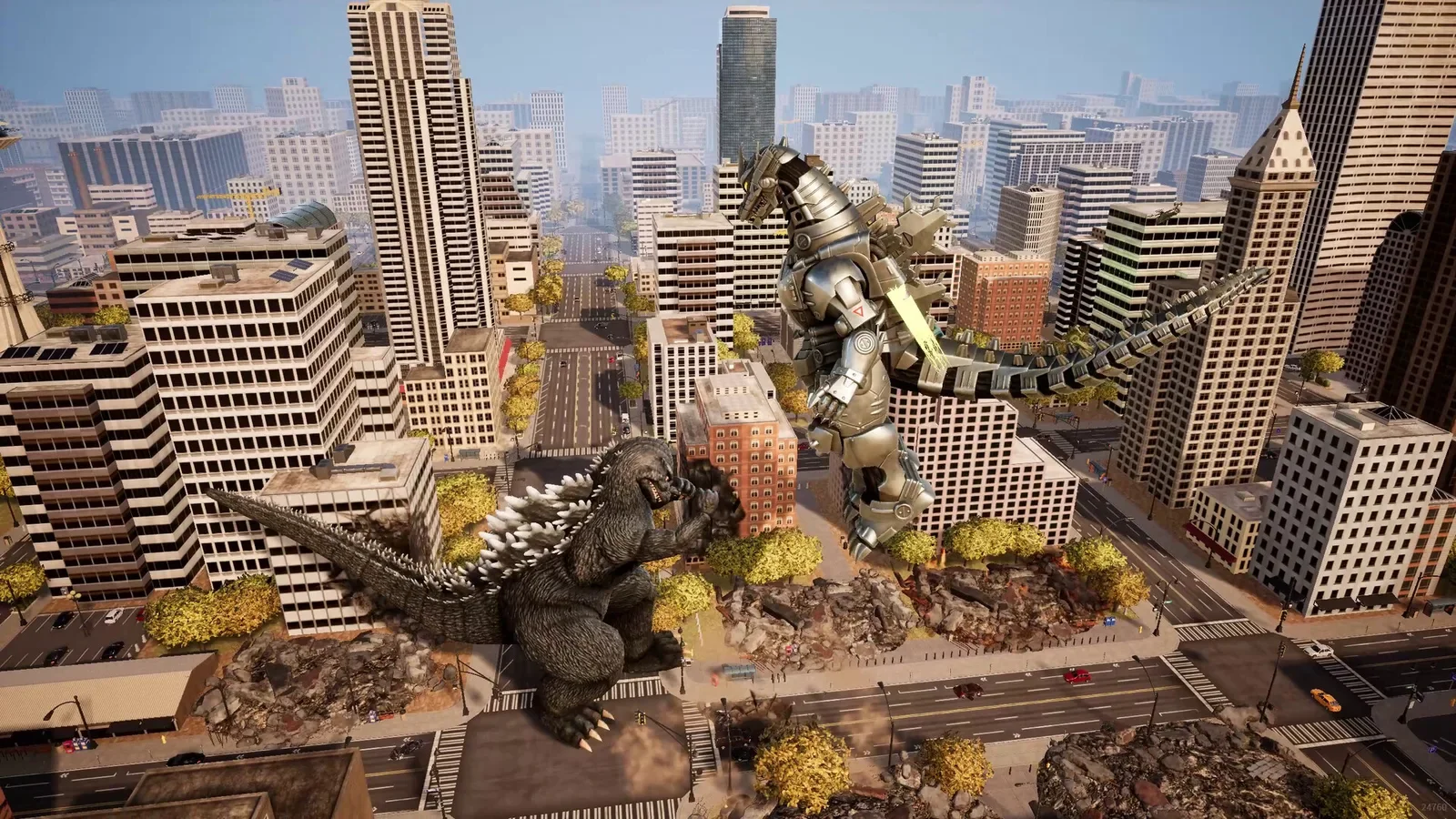 Official Godzilla: Destroy All Monsters Melee Remastered screenshot of Godzilla facing a silver mecha kaiju among city skyscrapers