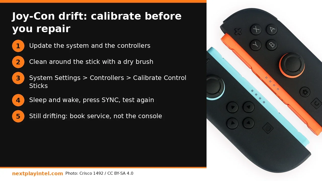 Infographic: Joy-Con Drift Fix: Calibrate Switch and Switch 2 Sticks