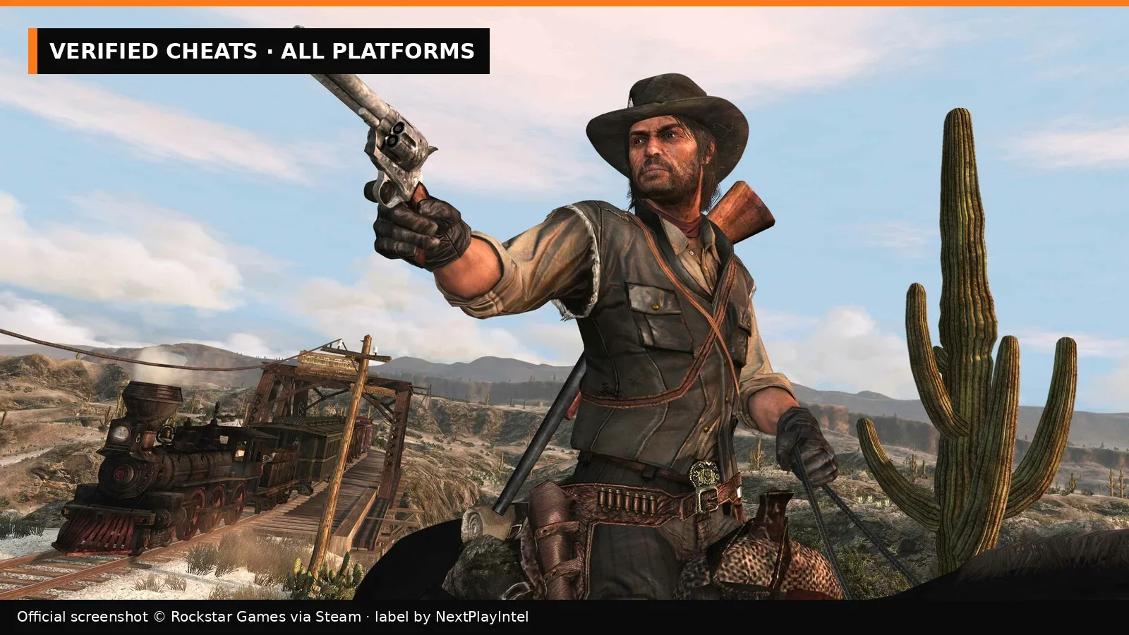 Official Red Dead Redemption screenshot of John Marston aiming a revolver, with NextPlayIntel verified cheats label