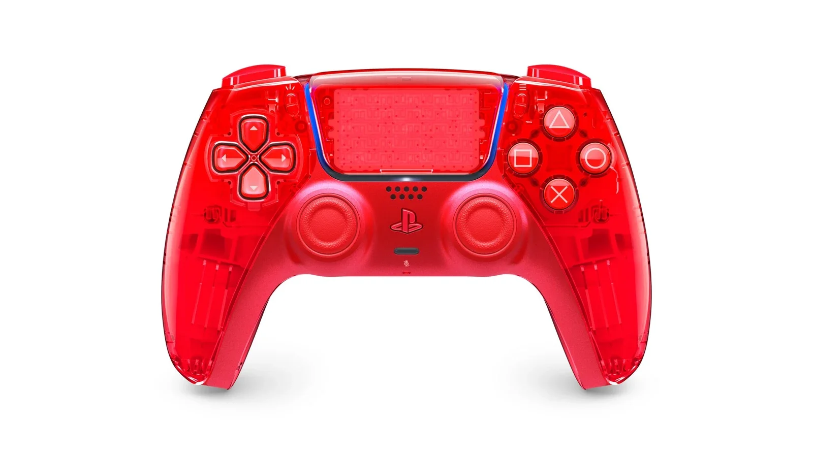 Front view of a transparent Flare Orange DualSense controller on a white background, its internal circuit board visible through the shell