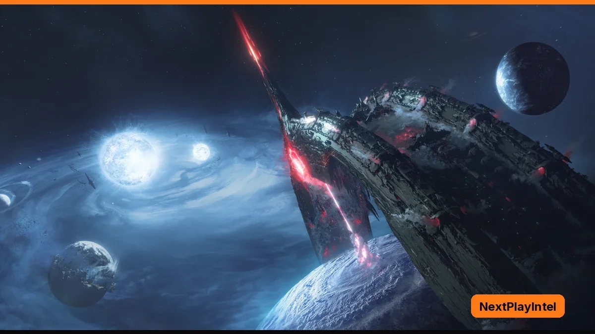 A huge dark spaceship with glowing red lines passes a bright twin-star system with planets and moons in deep space