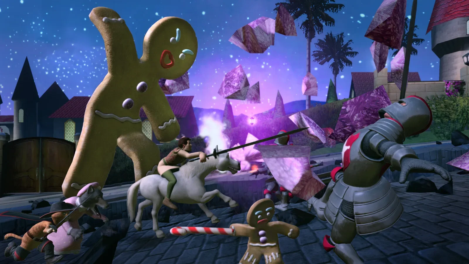 Official Shrek 2 Remastered screenshot of a giant gingerbread figure and knights in a candy-coloured night battle