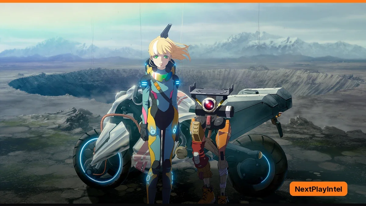 Anime-style young woman with blonde hair in a white and blue suit stands beside a futuristic motorbike on a grey, rocky plain under a cloudy sky with distant mountains