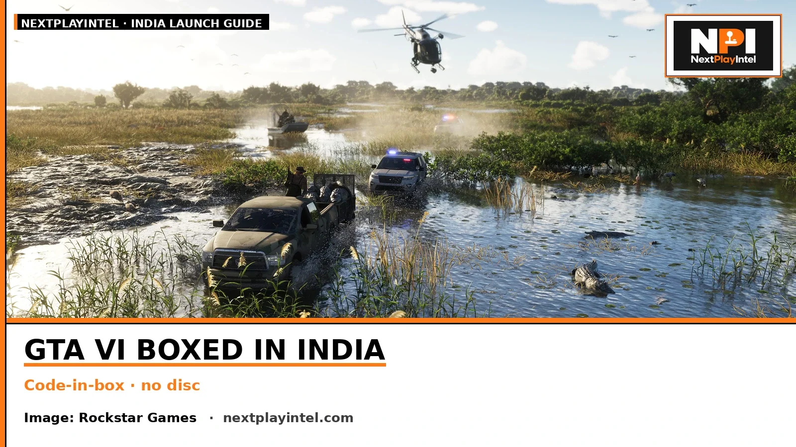 Official Grand Theft Auto VI promotional screenshot used to illustrate the boxed code-in-box retail guide for India.