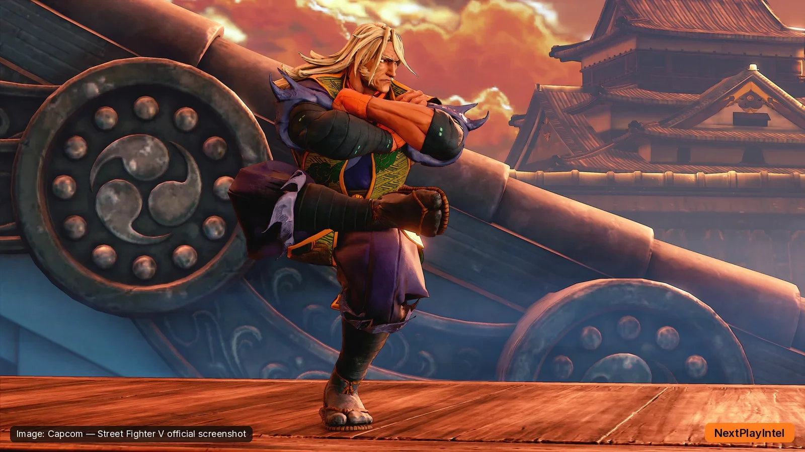 Street Fighter V official screenshot of a character fighting on a Japanese castle rooftop stage