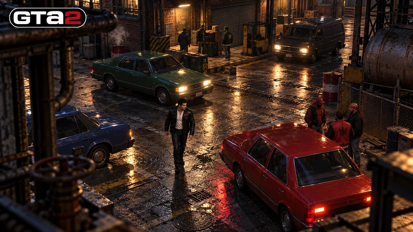 AI illustration inspired by GTA 2, showing a man among red, green and blue cars in an industrial street.