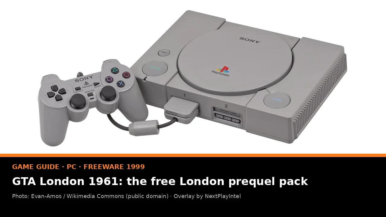 Photo of an original Sony PlayStation console with a NextPlayIntel guide label for GTA London 1961, a free PC pack for the London 1969 expansion
