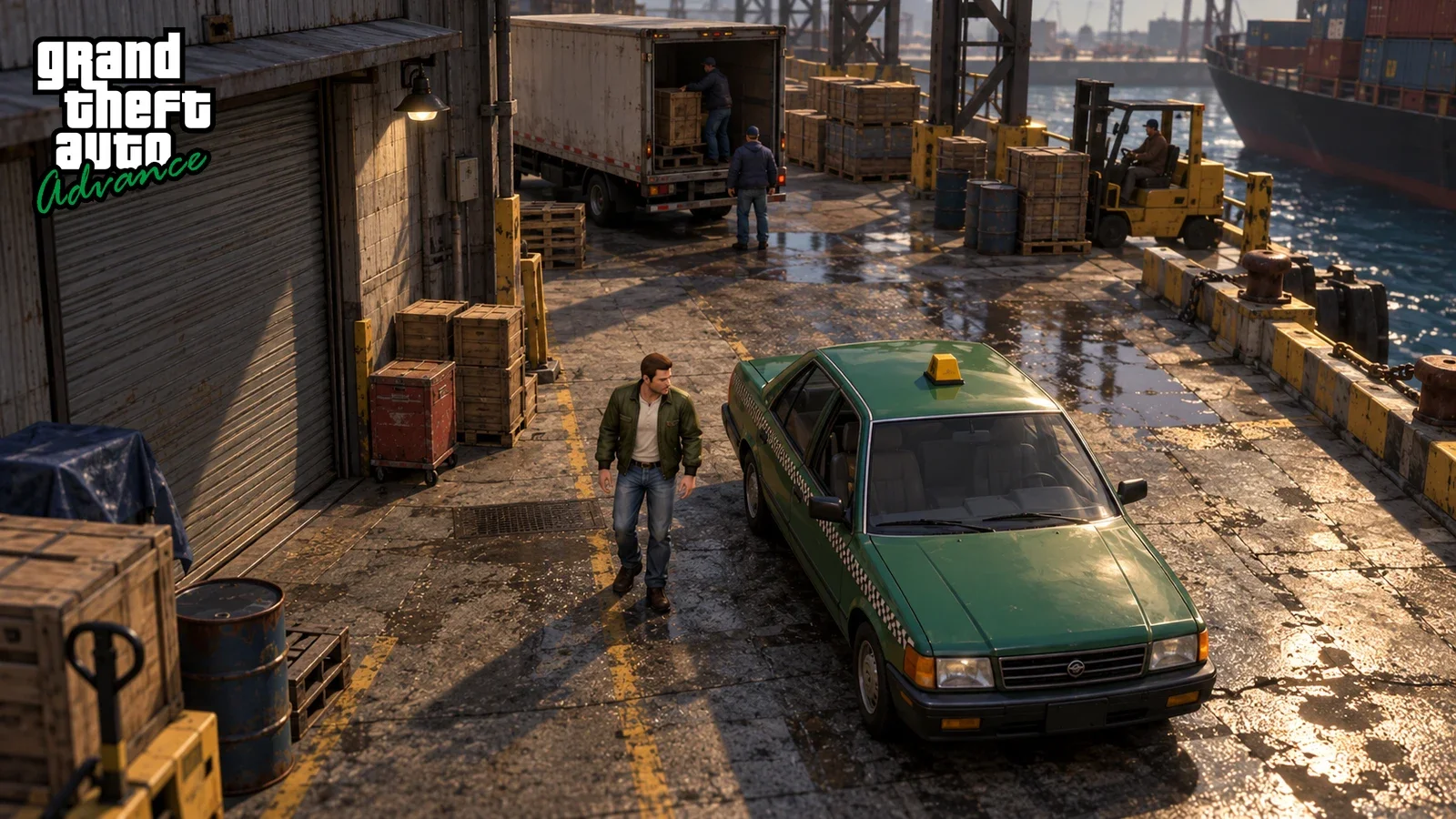 AI recreation: overhead waterfront alley with green taxi and square warehouses. Grand Theft Auto Advance logo.