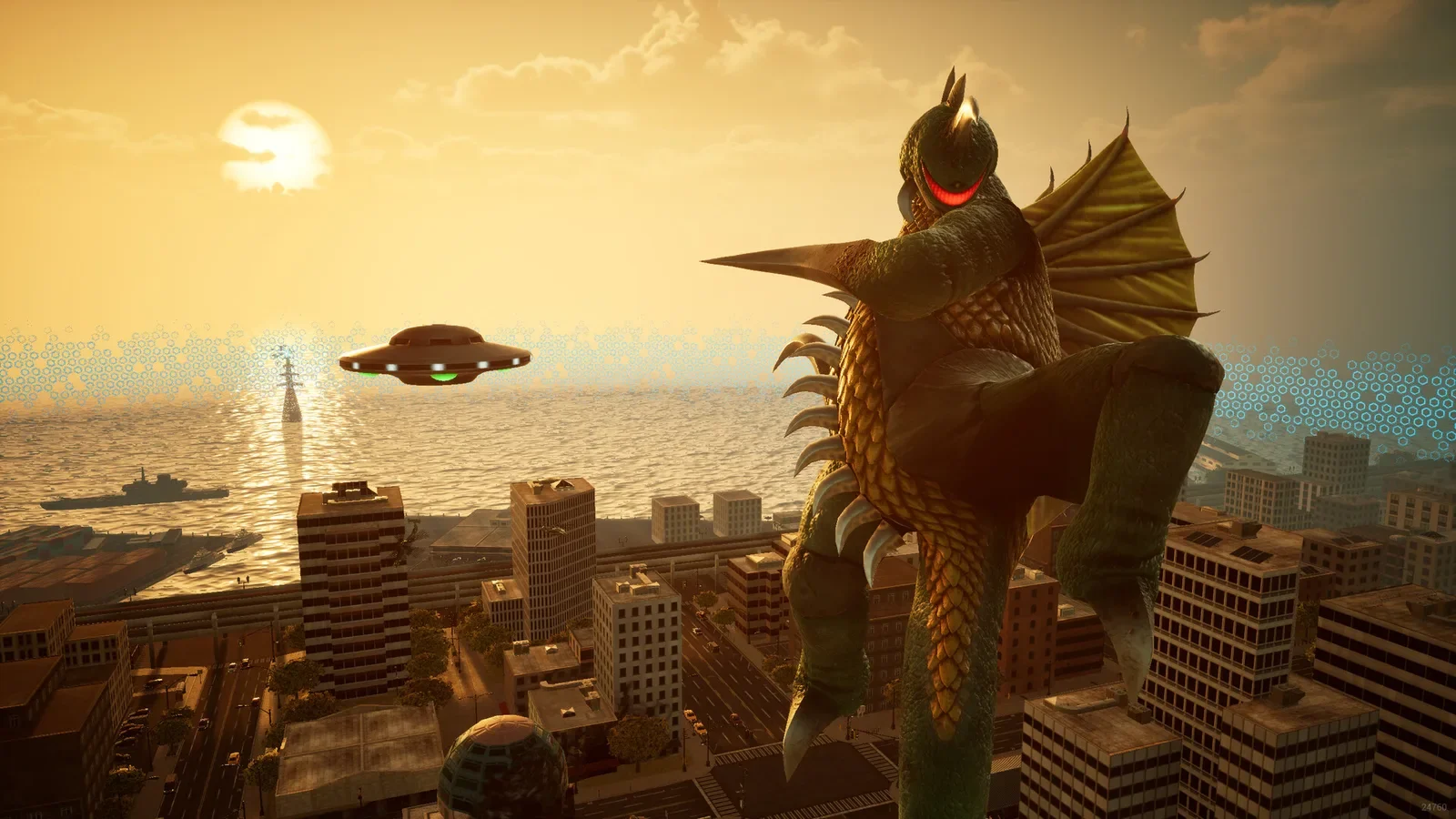 Official Godzilla: Destroy All Monsters Melee Remastered screenshot of Gigan by the sea at sunset