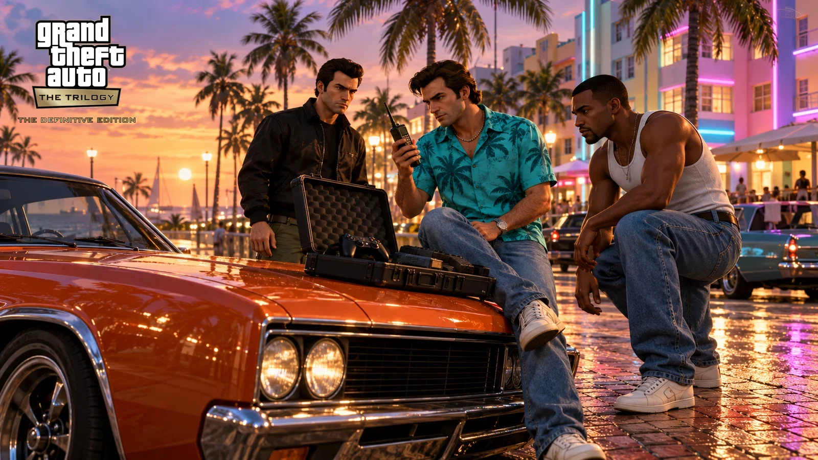 AI illustration of Claude, Tommy and CJ examining an equipment case on an orange car beside neon-lit hotels.