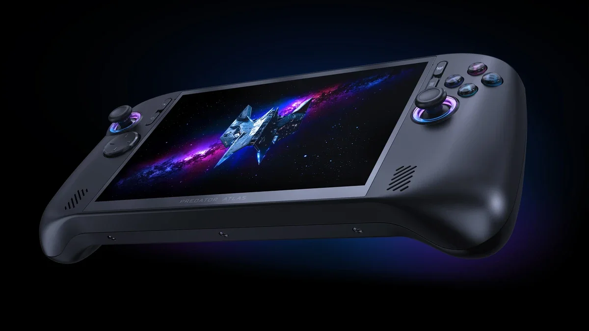 Acer Predator Atlas 8 handheld seen from the front at an angle, its screen showing a purple and blue wallpaper, on a dark background