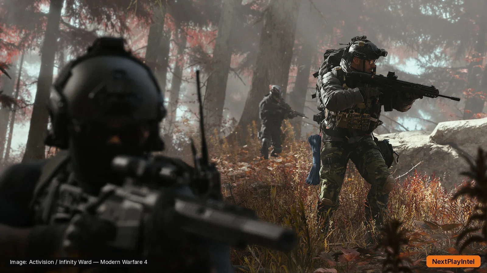 Modern Warfare 4 squad advancing through a forest
