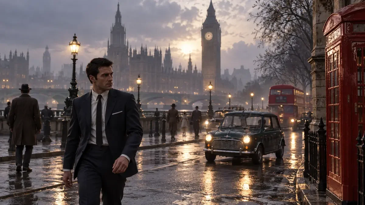 AI illustration inspired by GTA London 1961, showing a suited man on a wet street with Big Ben behind him.