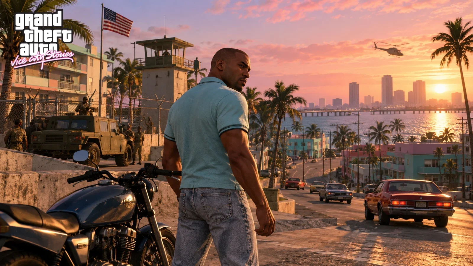 AI illustration of Victor Vance beside a motorcycle in a palm-lined neighbourhood overlooking the water.