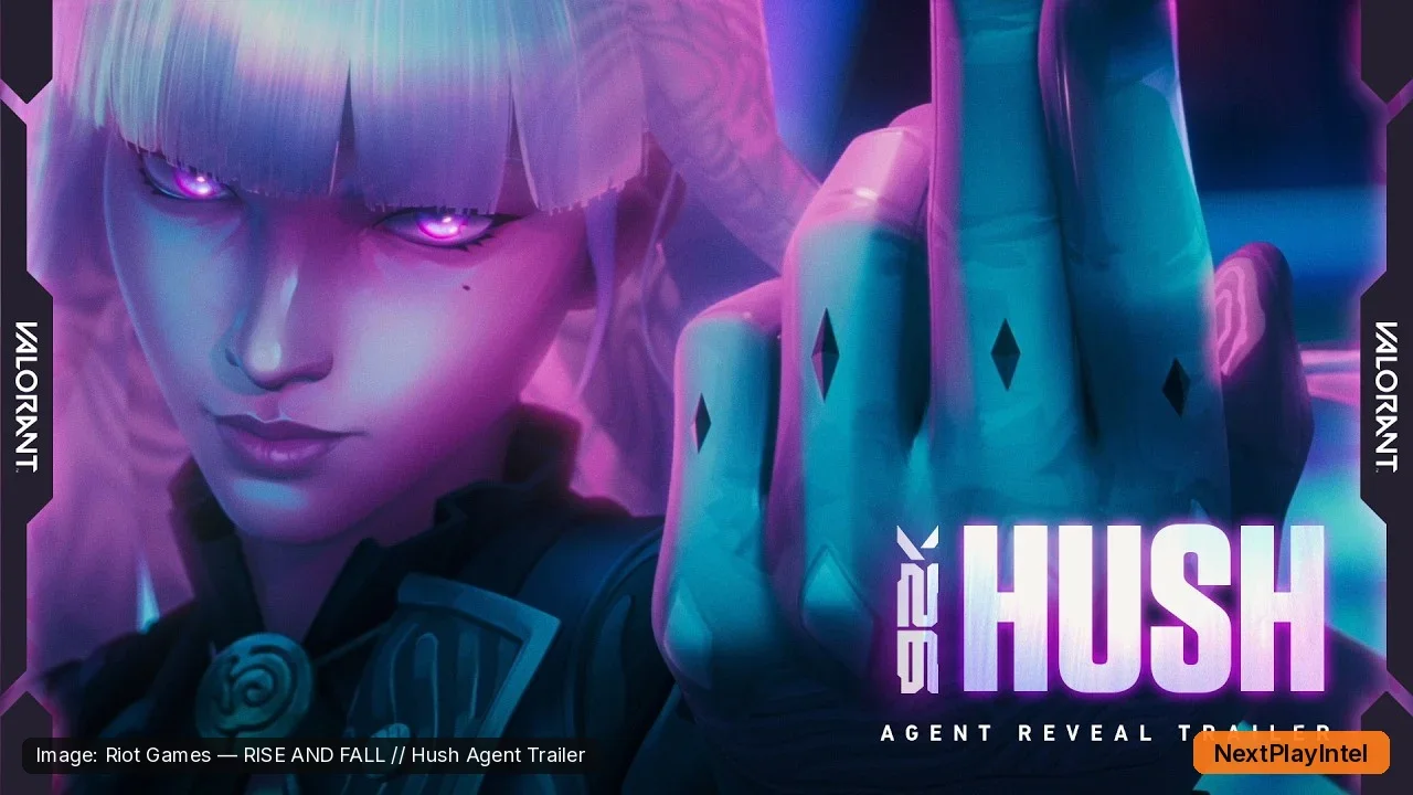 Thumbnail of Riot's RISE AND FALL Hush agent reveal trailer showing Hush with a purple telekinetic glow and the HUSH logo