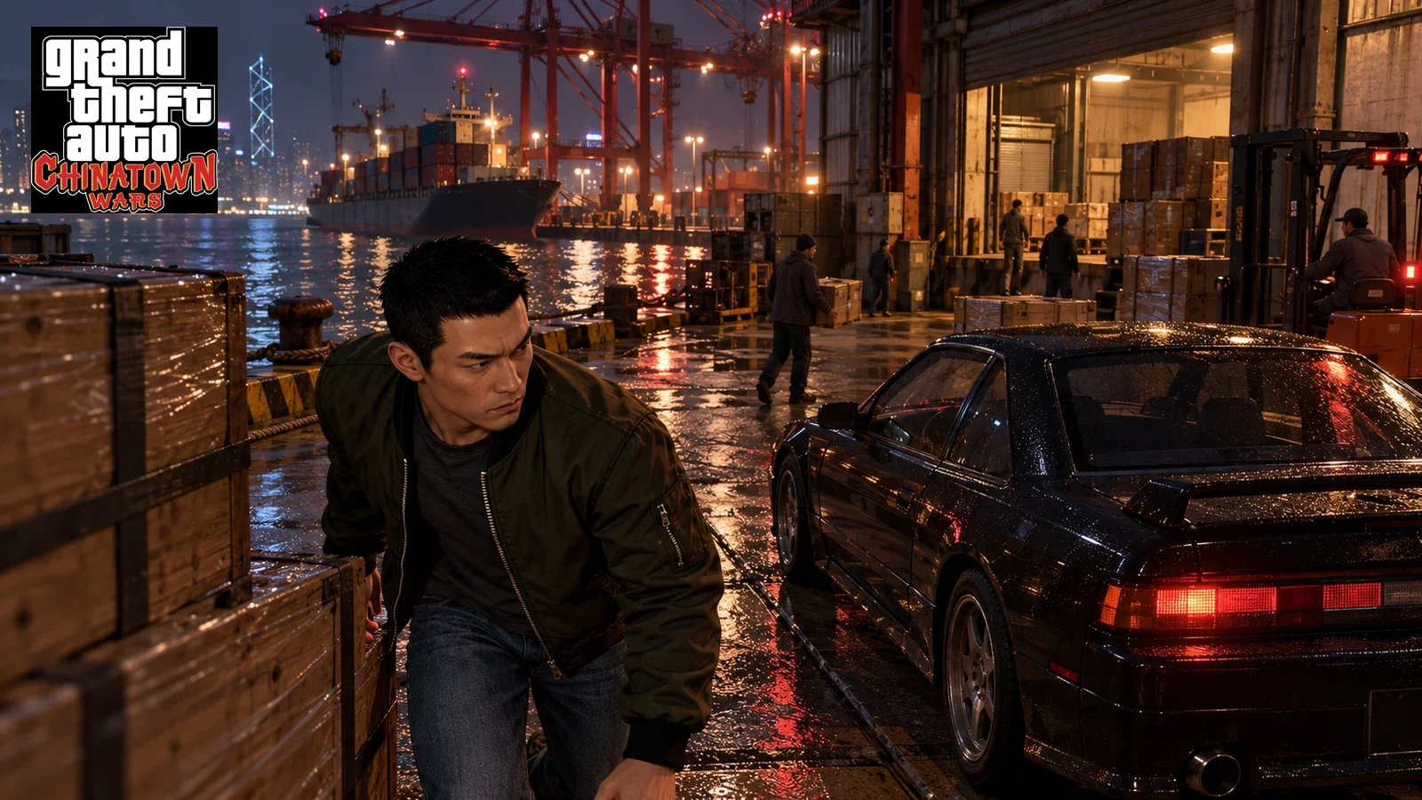 AI illustration of Huang Lee beside a dark sports car and cargo crates at a waterfront warehouse.
