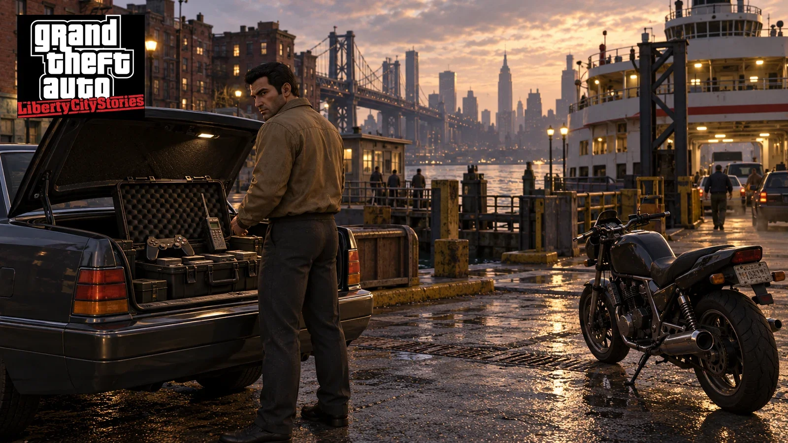 AI illustration of Toni Cipriani beside an open car boot and motorcycle at a city ferry terminal.