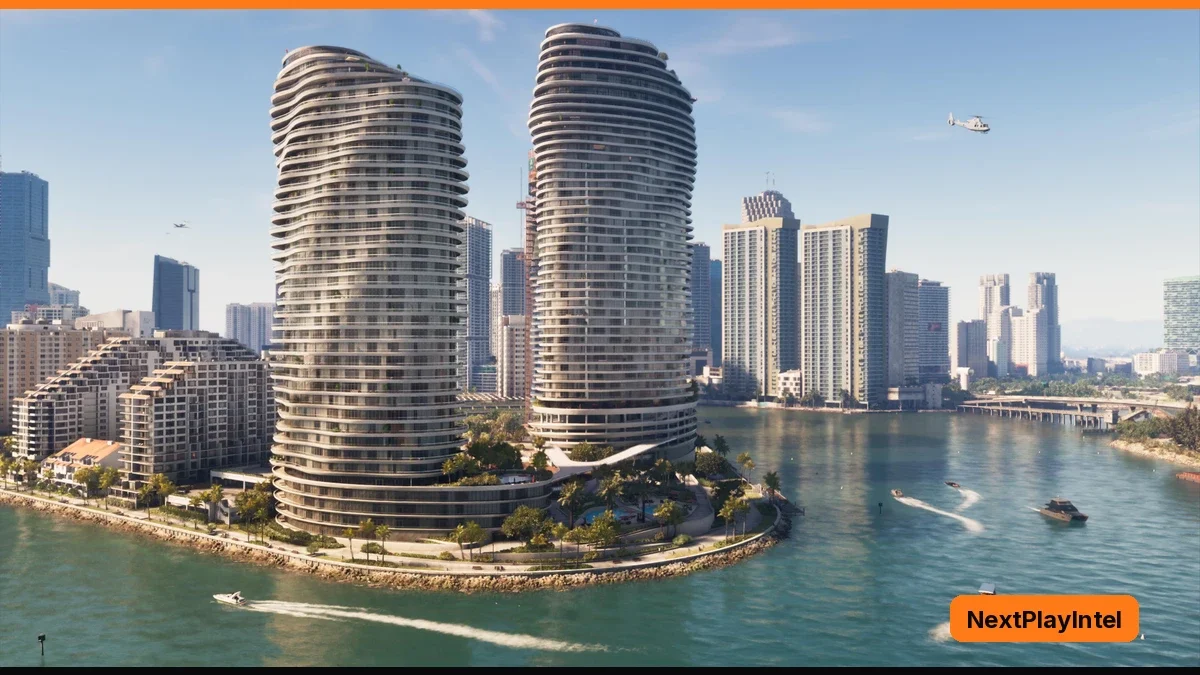 Two tall curved glass apartment towers rise beside a turquoise bay crowded with moored boats, with a city skyline behind them under a clear blue sky