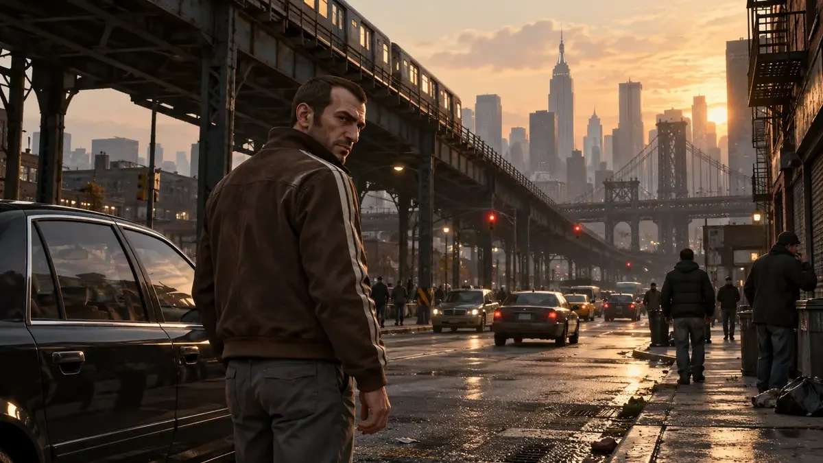 AI illustration of Niko Bellic beside a sedan beneath an elevated railway in a Liberty City-inspired street.