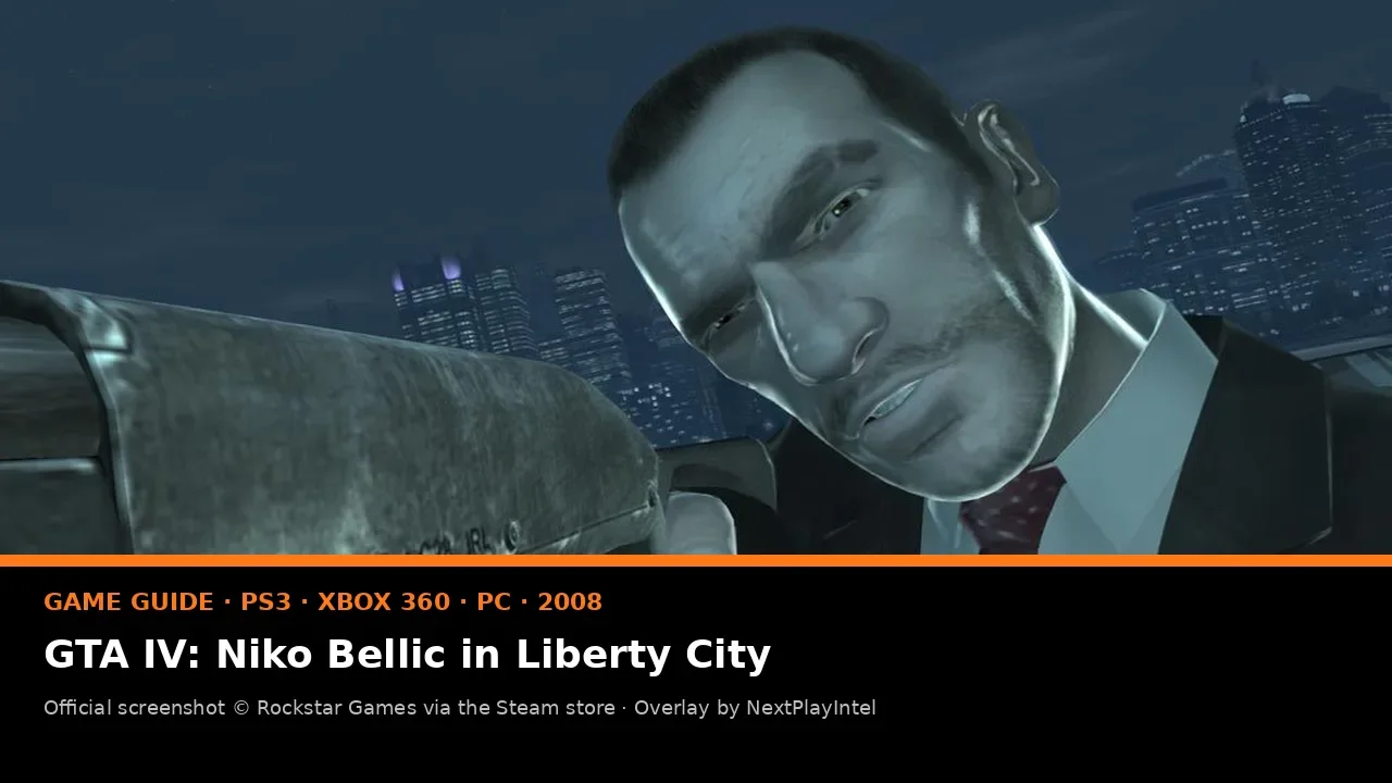 Official GTA IV screenshot of Niko Bellic in a dark suit looking into the camera, with a NextPlayIntel guide label