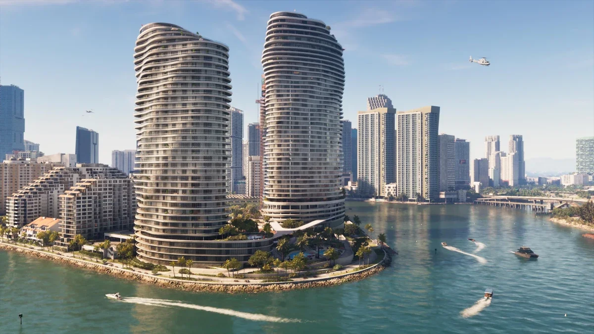 Two curved white high-rise towers on a palm-lined waterfront in Vice City, with jet skis and boats crossing turquoise water and the city skyline behind