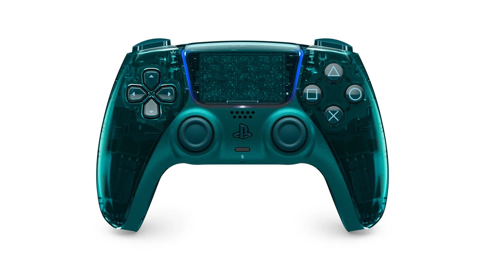 Front view of a transparent Emerald Green DualSense controller with a dark green tint and visible internal components
