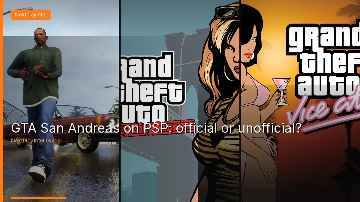 Collage of official Rockstar San Andreas, Liberty City Stories and Vice City key art with game logos, with NextPlayIntel title overlay