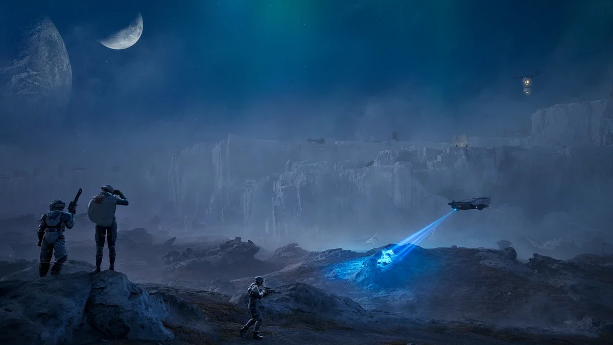 Three explorers stand on dark rocks in a misty frozen valley at night as a flying craft shines a blue searchlight across the ice