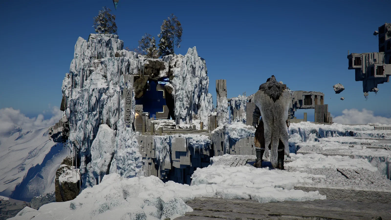 Official Crimson Desert screenshot of a cloaked figure on snowy mountain ruins