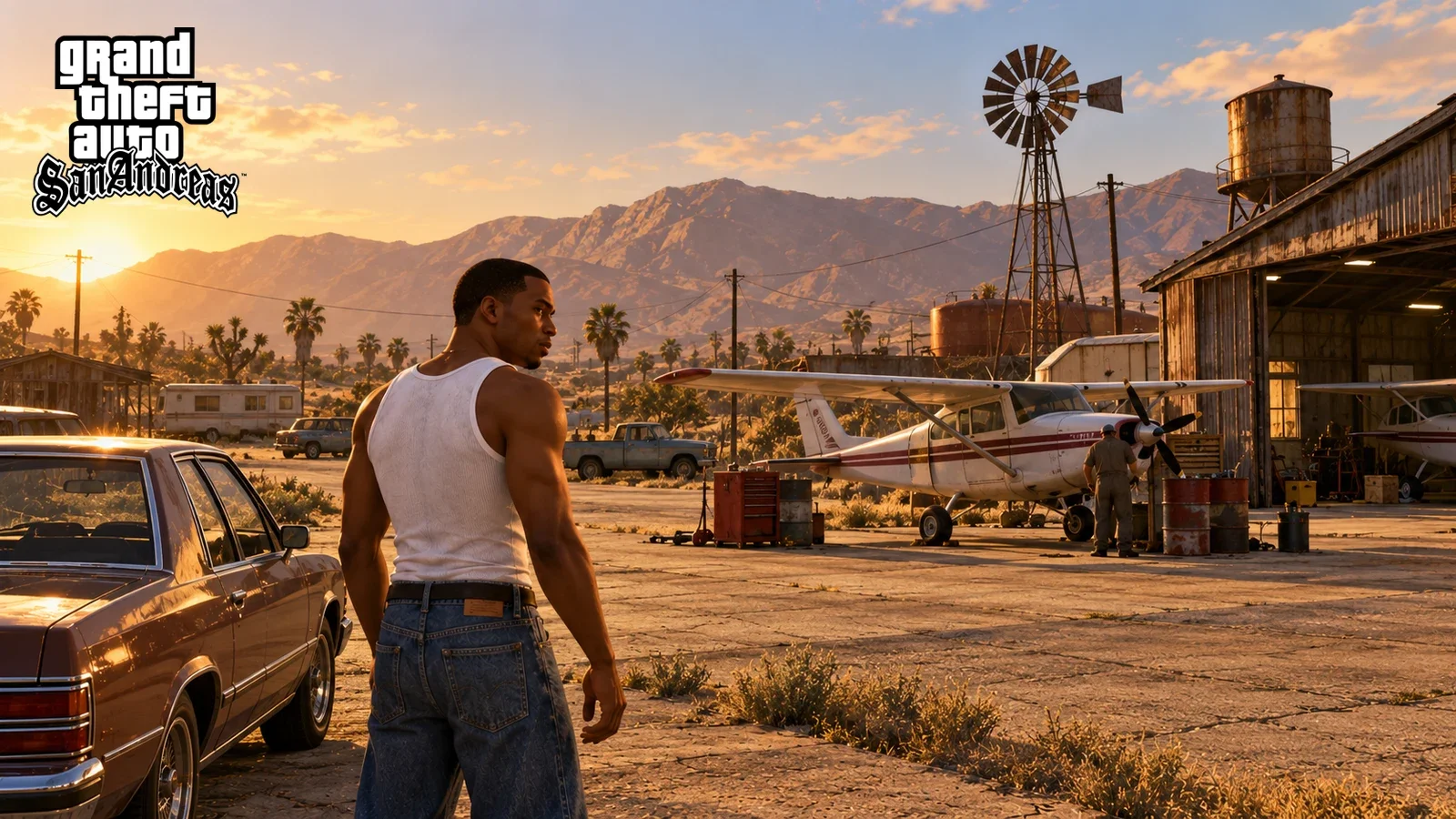 AI illustration of CJ at a rural airstrip with a small plane, a windmill and mountains in the distance.