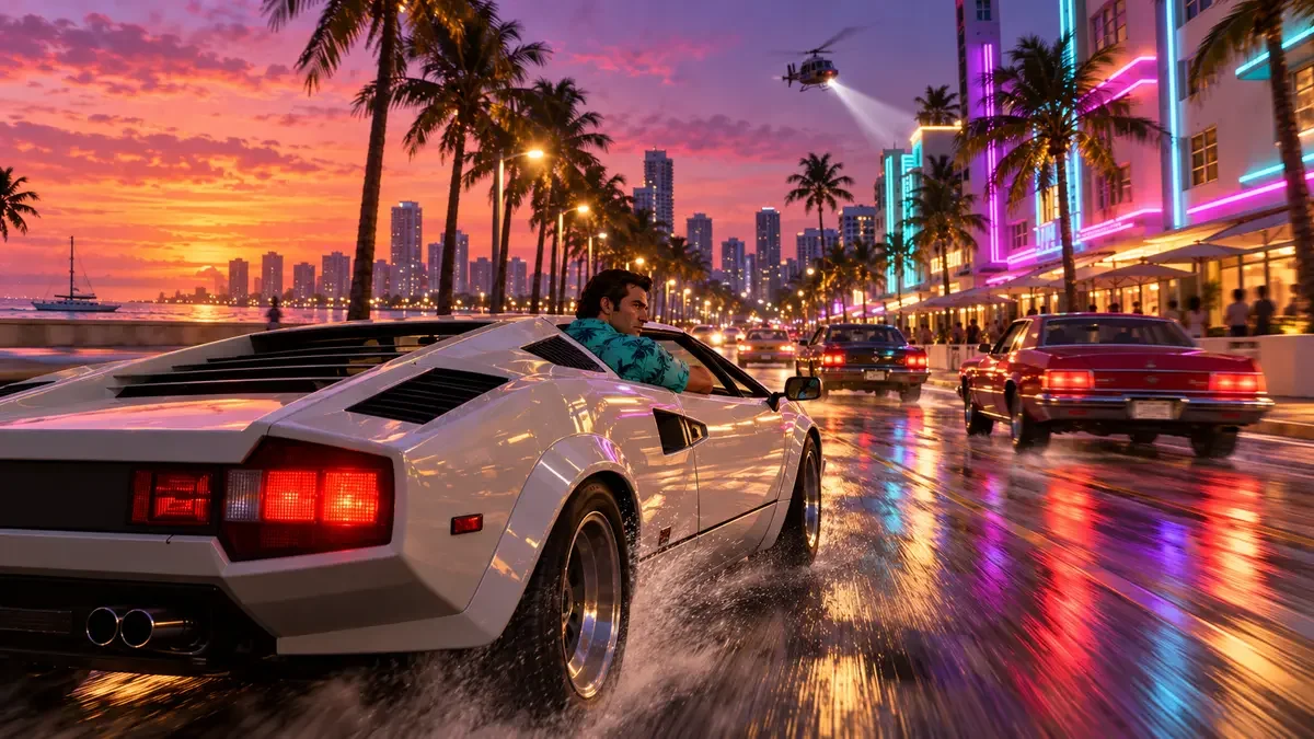 AI illustration of Tommy Vercetti driving a white sports car along a neon-lit Vice City-inspired boulevard.
