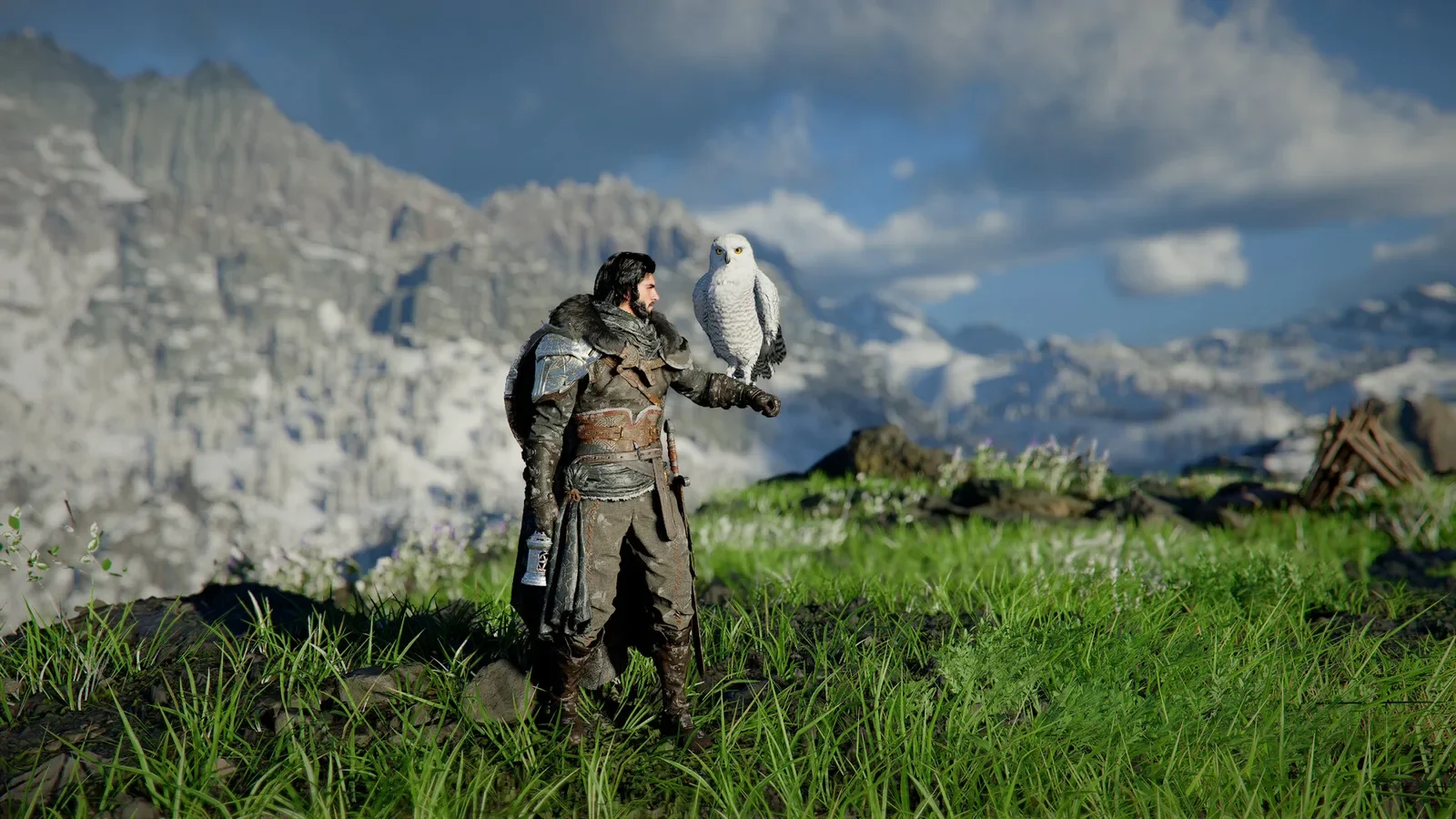 Official Crimson Desert screenshot of Kliff with a white falcon on his arm in front of snowy mountains