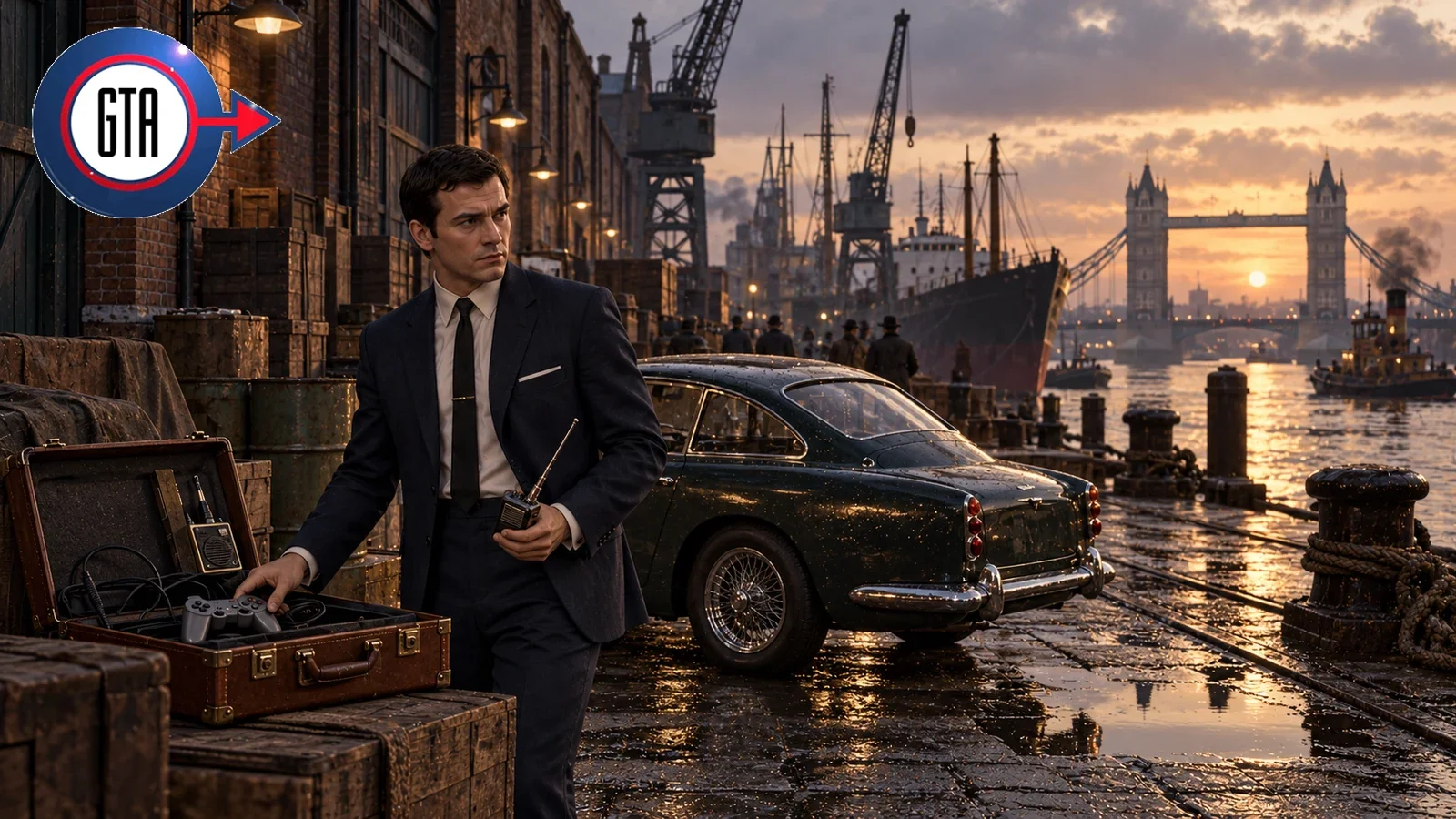 AI illustration inspired by GTA London 1969, showing a suited man beside a car and equipment at riverside docks.