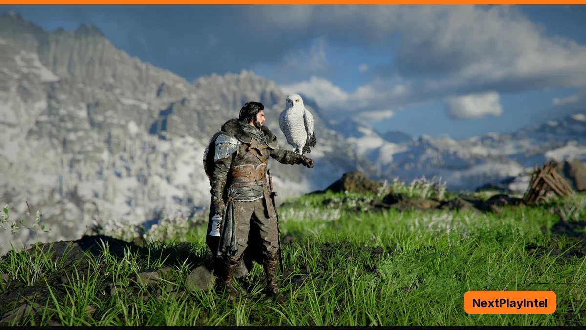 An armoured warrior in a fur-collared coat stands on a grassy hilltop with a white snowy owl on his outstretched arm, snowy mountains behind him