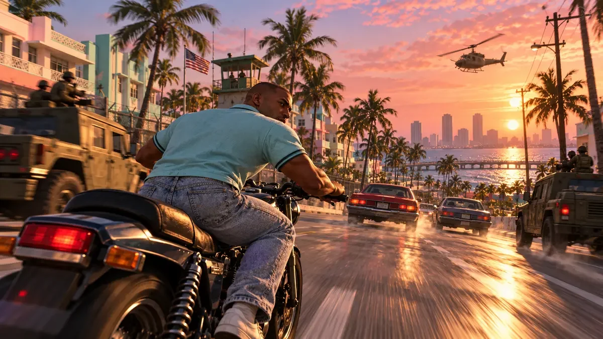 AI illustration of Victor Vance riding a motorcycle through a palm-lined neighbourhood at sunset.