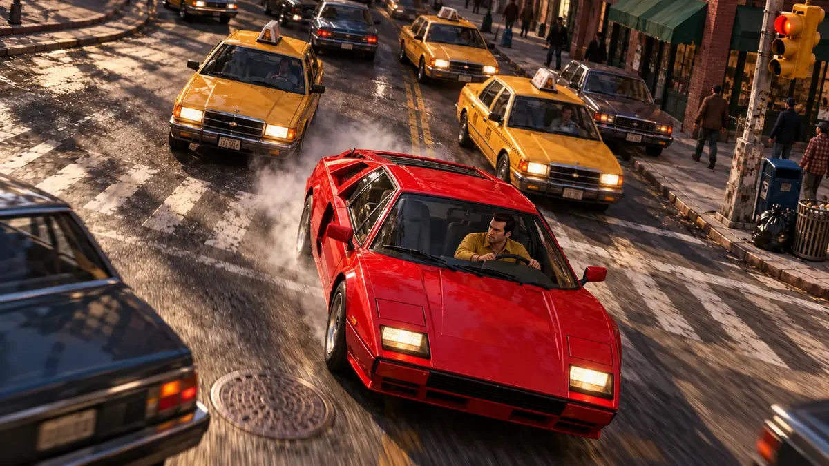 AI illustration inspired by the original GTA, showing a red sports car and yellow taxis at a city intersection.