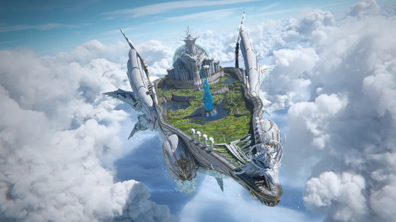A floating airship carrying a green island and a white palace above a sea of clouds under a blue sky