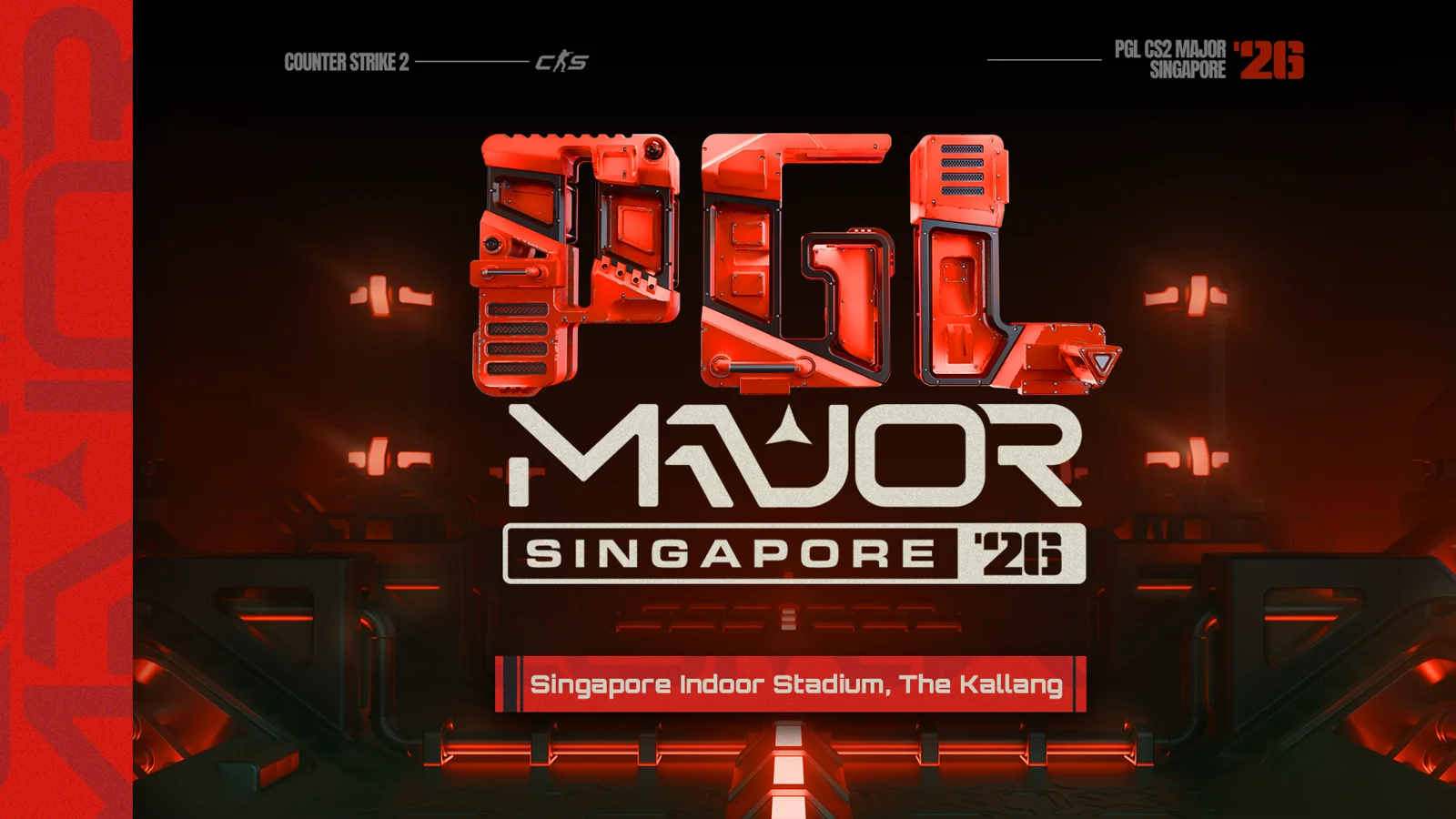 Red and black PGL Major Singapore 2026 key art naming the Singapore Indoor Stadium, The Kallang